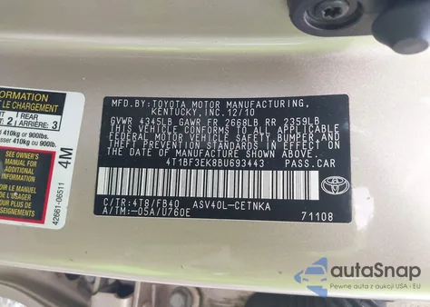 2011 Toyota Camry Le из США, поврежденный, VIN 4T1BF3EK8BU693443